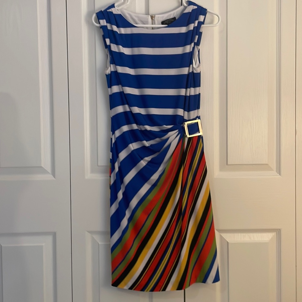Tahari Arthur S. Levine Petite SZ 4P Blue/White Striped Sleeveless Dress